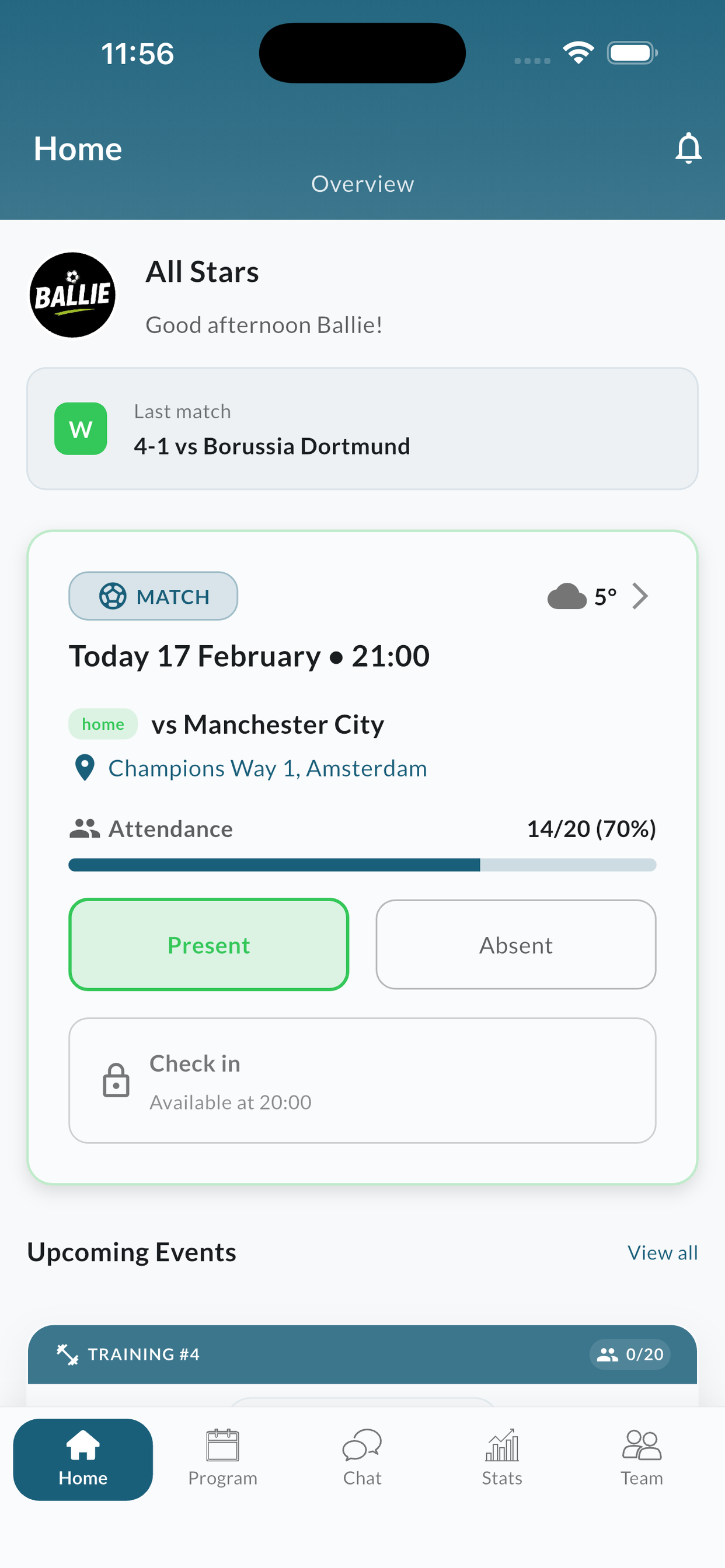 Ballie app dashboard showing team status, upcoming training and match schedule with one-tap attendance