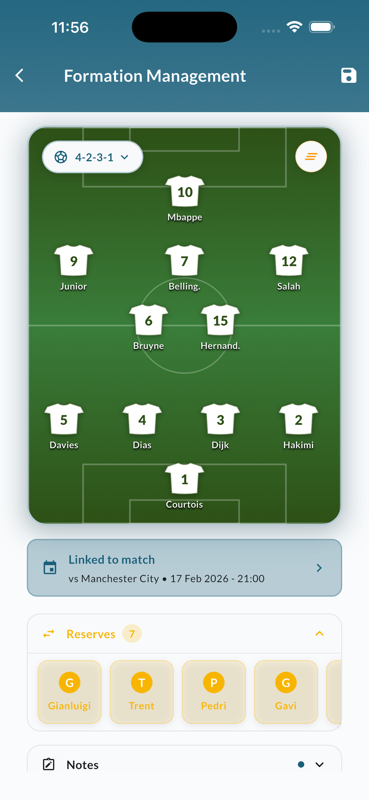 Ballie formation builder showing drag and drop player positions